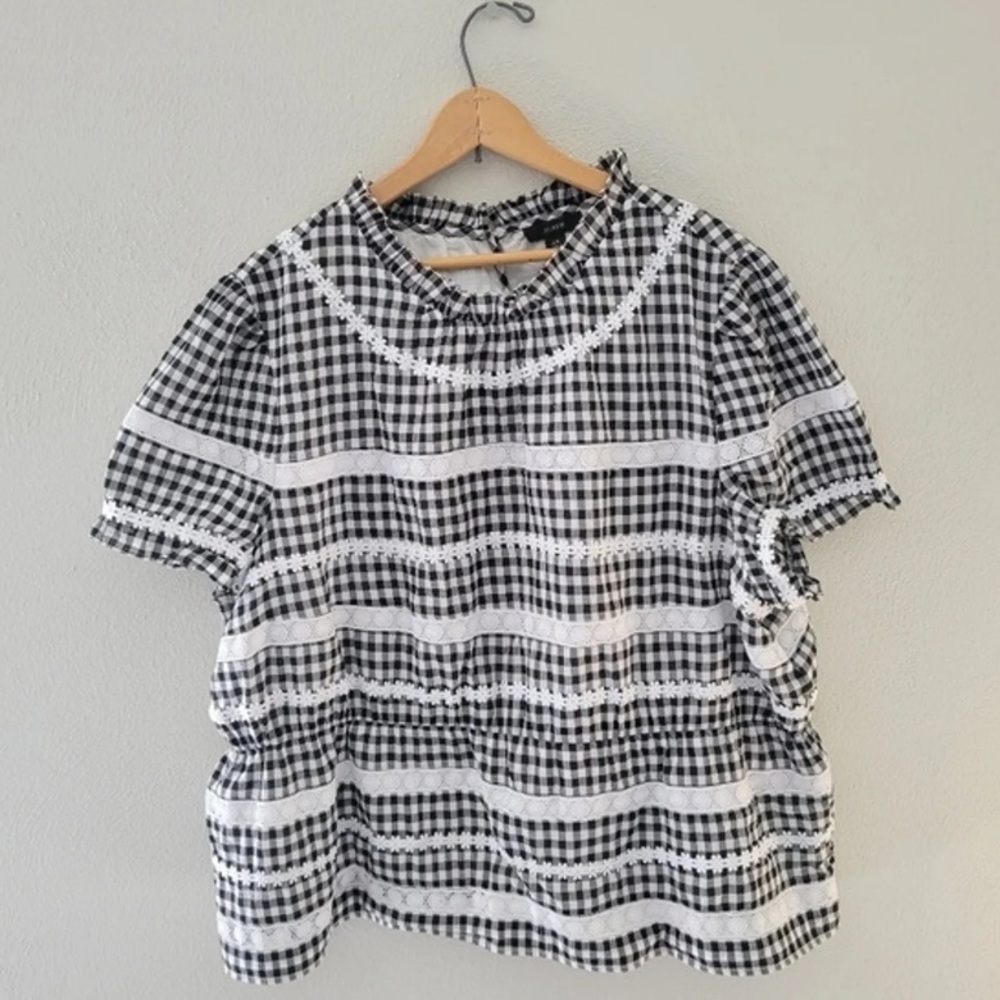 J Crew Gingham Check Daisy Lace Peplum Puff Sleeve Black White Top Size 2X